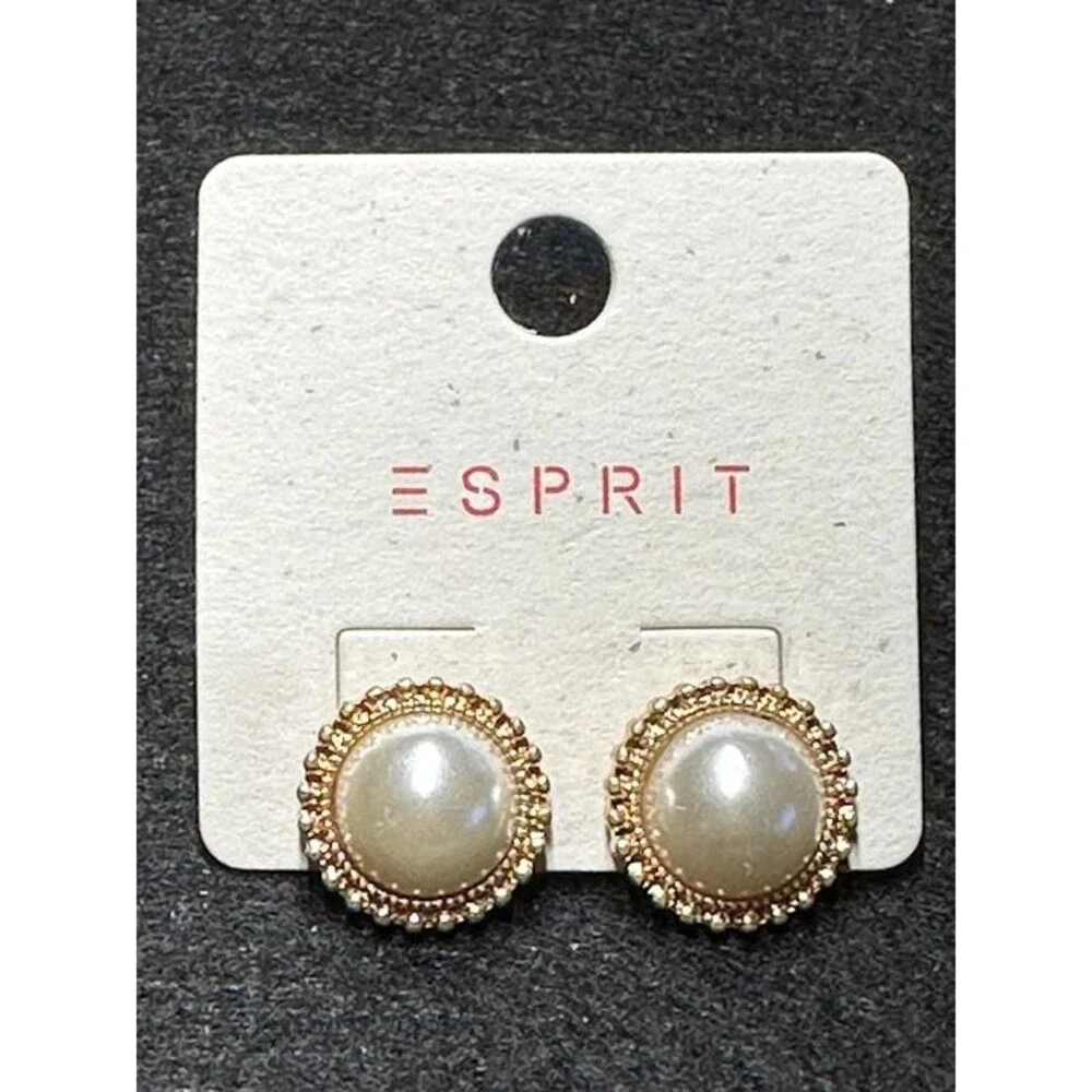 ESPRIT Gold Tone Pearl Stud Earrings Beaded Border Bridal Classic Style New